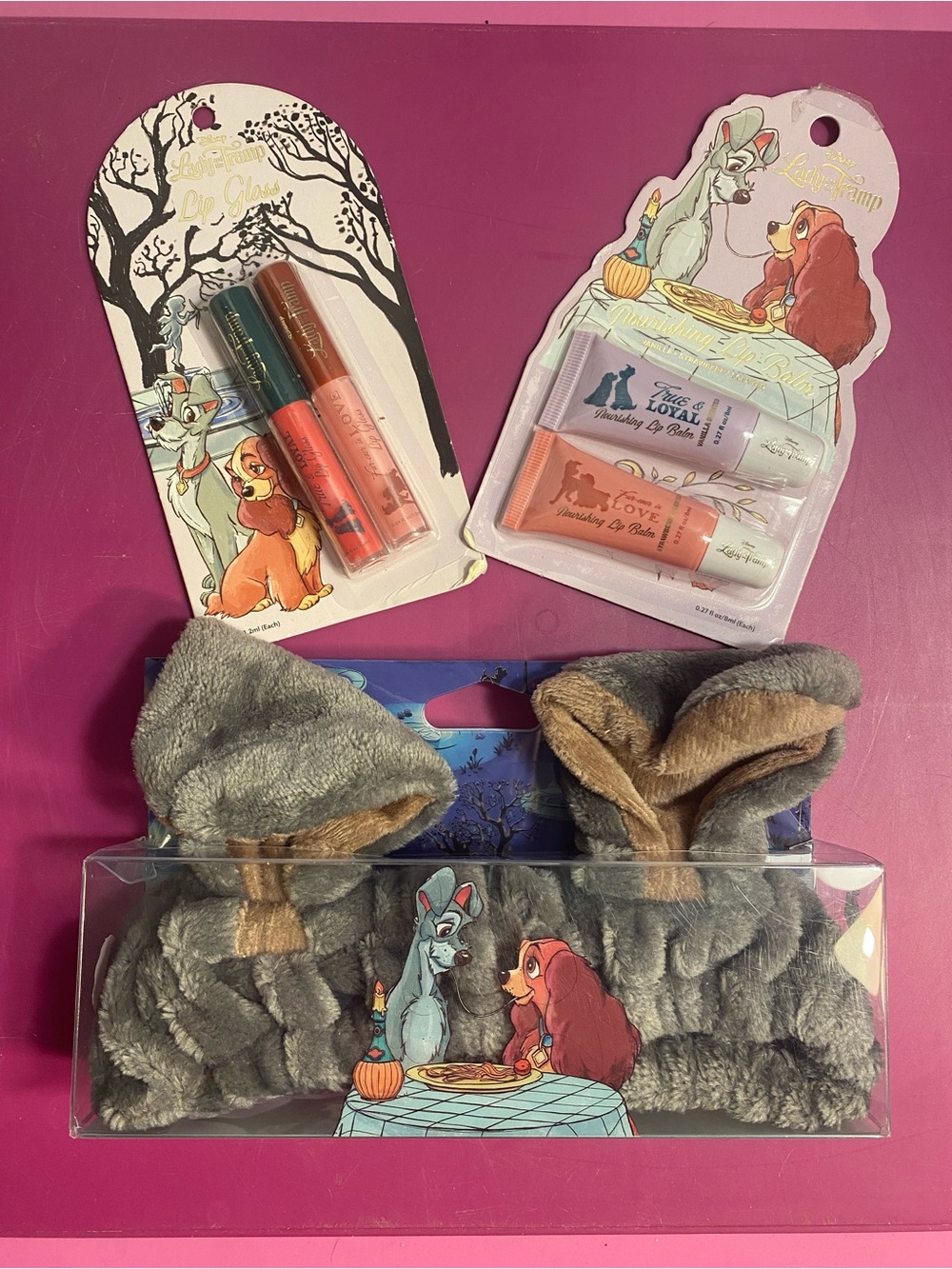Disney Lady and the Tramp Spa Gift Set Plush Headband Lip Gloss & Balm NIB